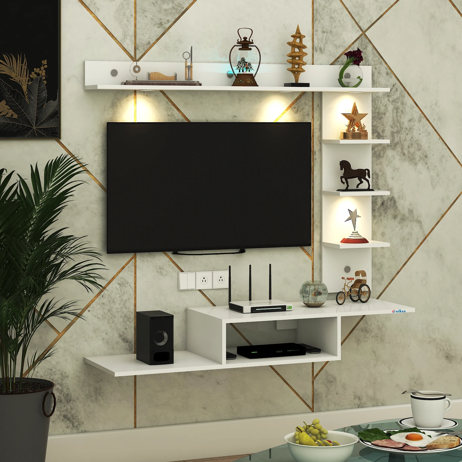 FURNIWUD Wintor Wall Mounted TV Unit with 4 LED Lights, Storage Box & Decorative Shelf Engineered Wood TV Entertainment Unit (Finish Color - White, DIY(Do-It-Yourself))